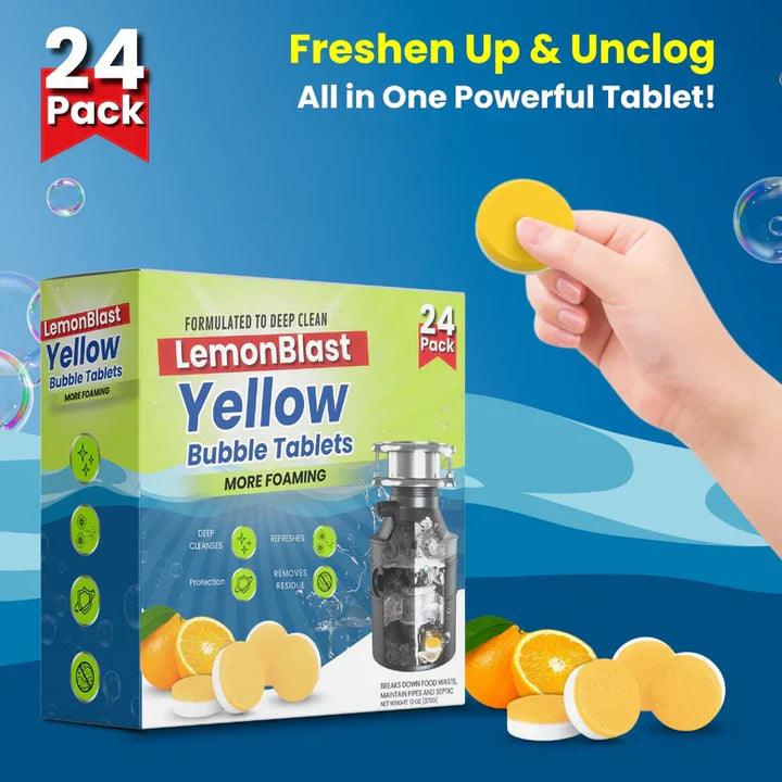 LemonBlast Yellow Bubble Cleaning Tablets – BUY 12 GET 12 FREE | Powerful Foaming Deep Cleaner for Kitchen Sink, Drain, Pipes & Disposal | Removes Grease, Odor & Residue Fast | 24 Tablets