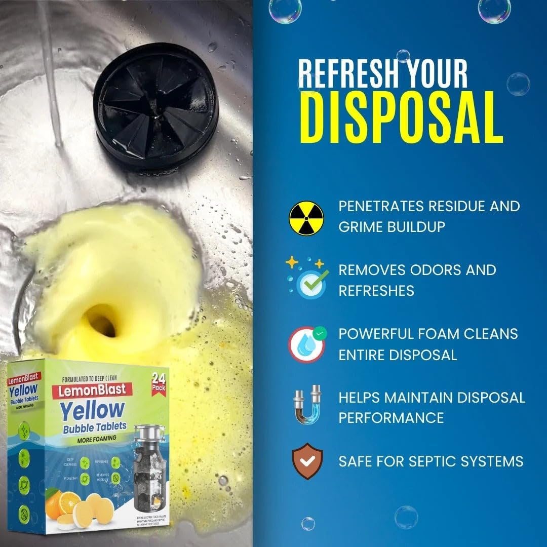 LemonBlast Yellow Bubble Cleaning Tablets – BUY 12 GET 12 FREE | Powerful Foaming Deep Cleaner for Kitchen Sink, Drain, Pipes & Disposal | Removes Grease, Odor & Residue Fast | 24 Tablets