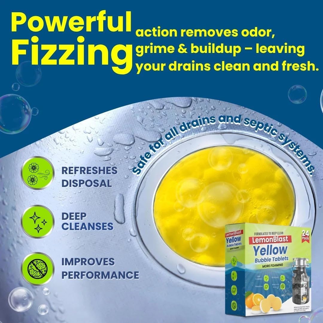 LemonBlast Yellow Bubble Cleaning Tablets – BUY 12 GET 12 FREE | Powerful Foaming Deep Cleaner for Kitchen Sink, Drain, Pipes & Disposal | Removes Grease, Odor & Residue Fast | 24 Tablets