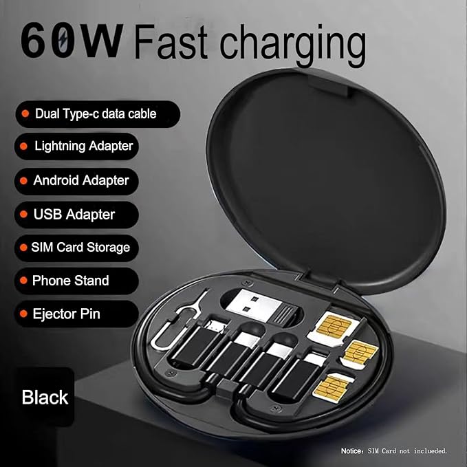 TechMate 5-in-1 Fast Charging Cable Kit  | SIM Tool, Multi Charger & Travel Organizer Box (60W Power)