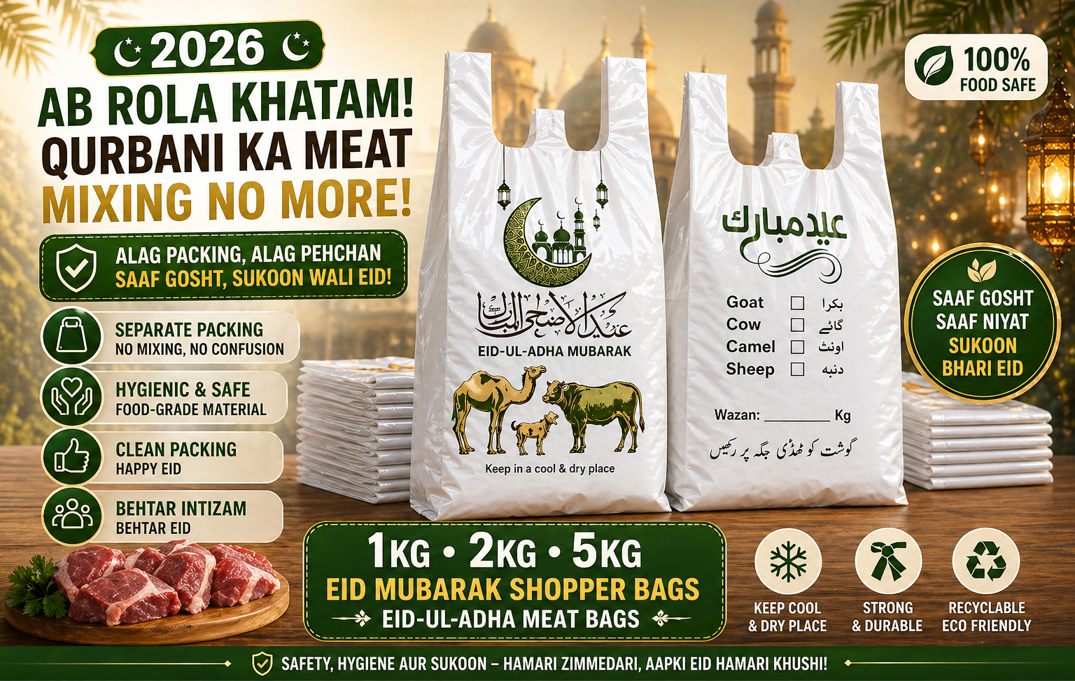 Eid Mubarak Meat Bags 1KG 2KG 5KG – Qurbani Plastic Shopper Bags | Hygienic, Leak-Proof, No Mixing