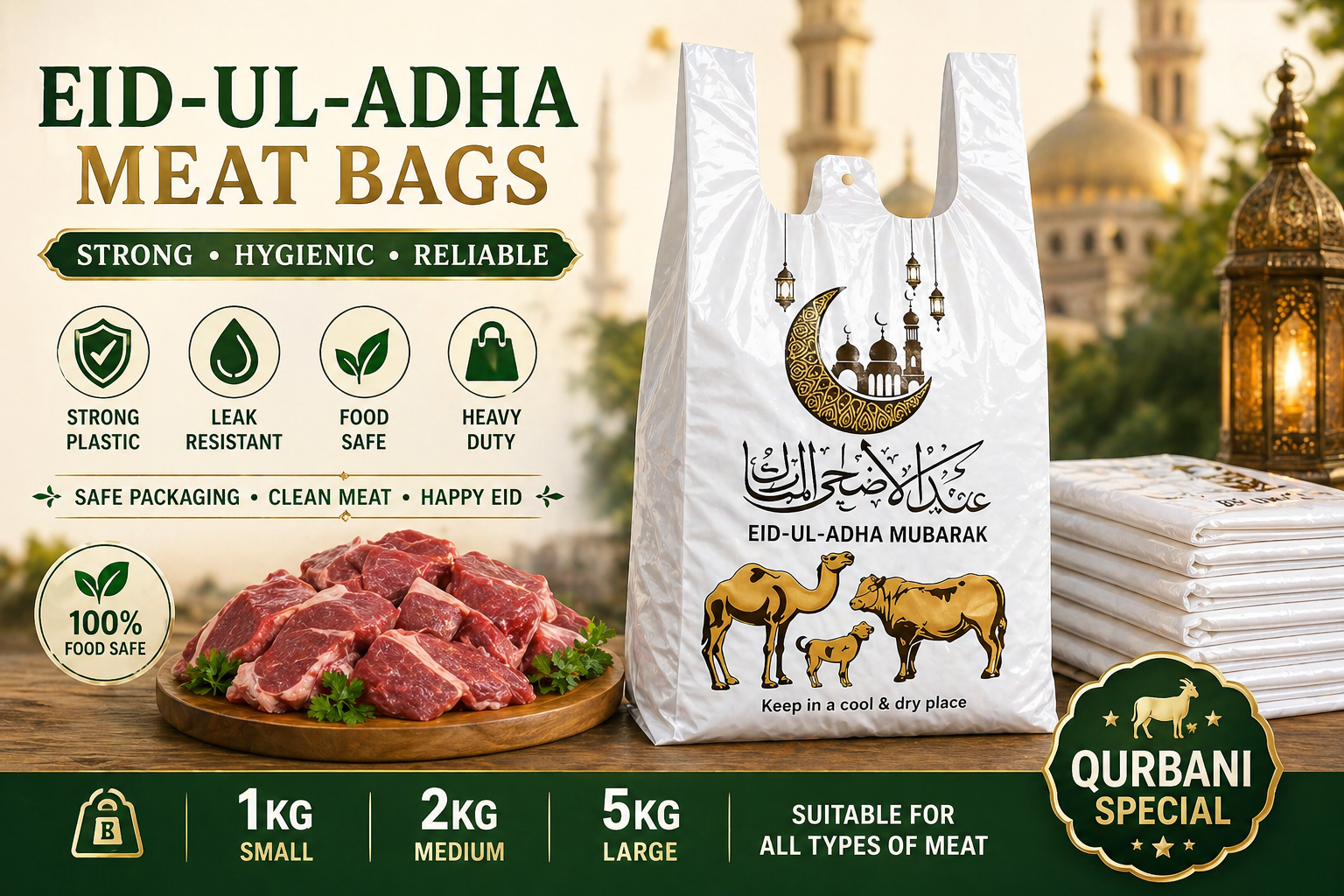 Eid Mubarak Meat Bags 1KG 2KG 5KG – Qurbani Plastic Shopper Bags | Hygienic, Leak-Proof, No Mixing