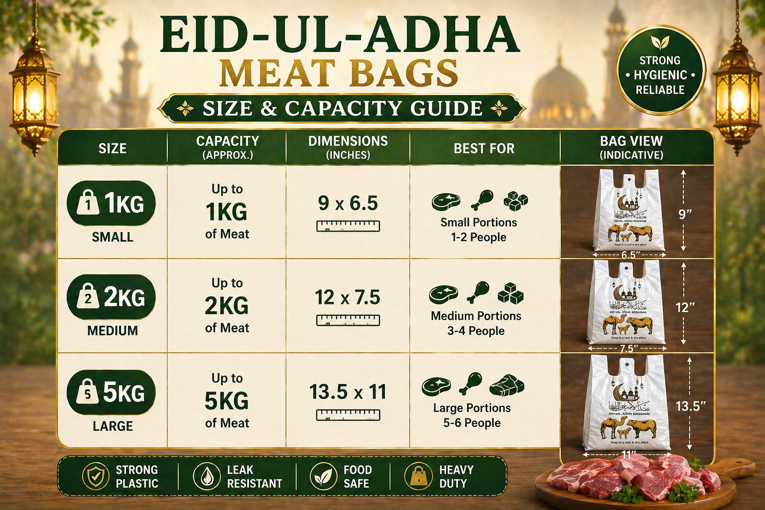 Eid Mubarak Meat Bags 1KG 2KG 5KG – Qurbani Plastic Shopper Bags | Hygienic, Leak-Proof, No Mixing
