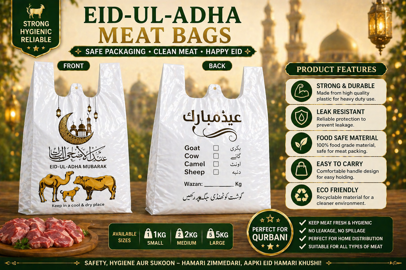 Eid Mubarak Meat Bags 1KG 2KG 5KG – Qurbani Plastic Shopper Bags | Hygienic, Leak-Proof, No Mixing