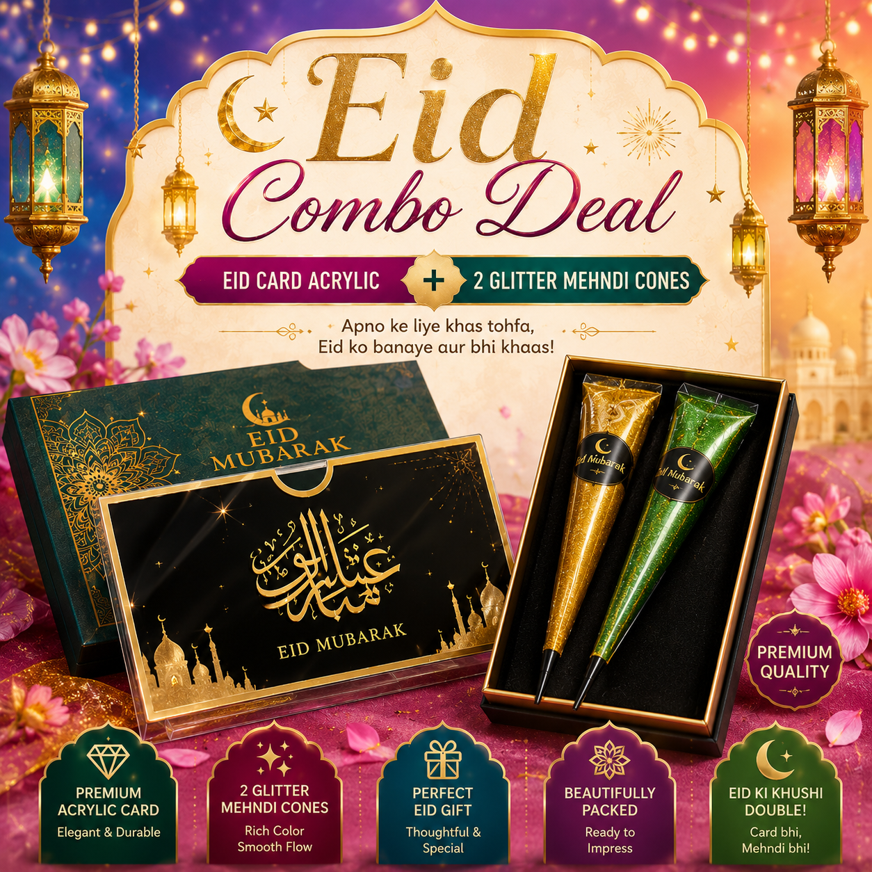✨ EID Sale  Combo Box Premium Acrylic Eid Card + 2 Glitter Mehndi Cones ✨ 🌙 | Sparkling Henna – Limited Stock 🚨