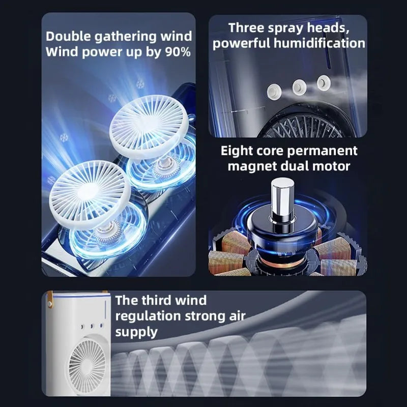 Ultimate 3-in-1 Portable Cooling: Dual-Head Spray Fan, Humidifier & Remote Control