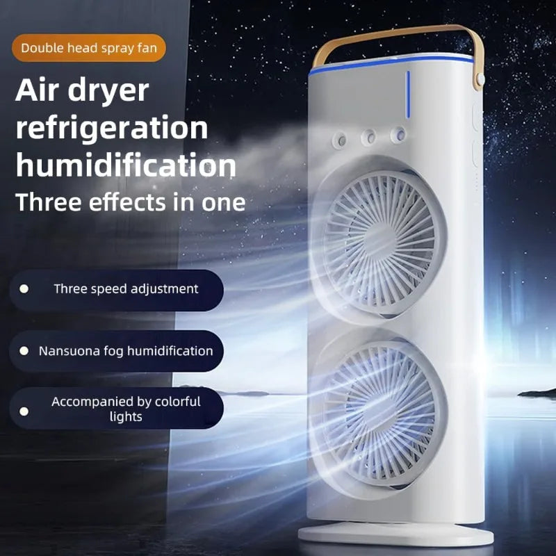 Ultimate 3-in-1 Portable Cooling: Dual-Head Spray Fan, Humidifier & Remote Control