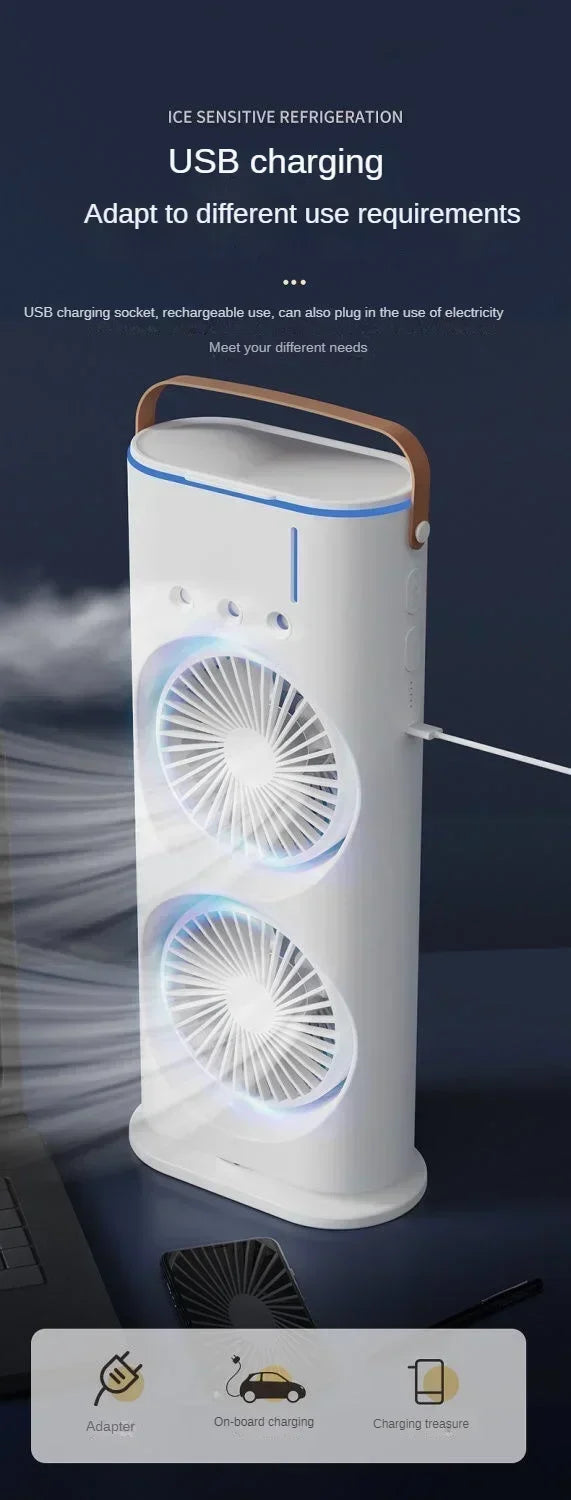 Ultimate 3-in-1 Portable Cooling: Dual-Head Spray Fan, Humidifier & Remote Control