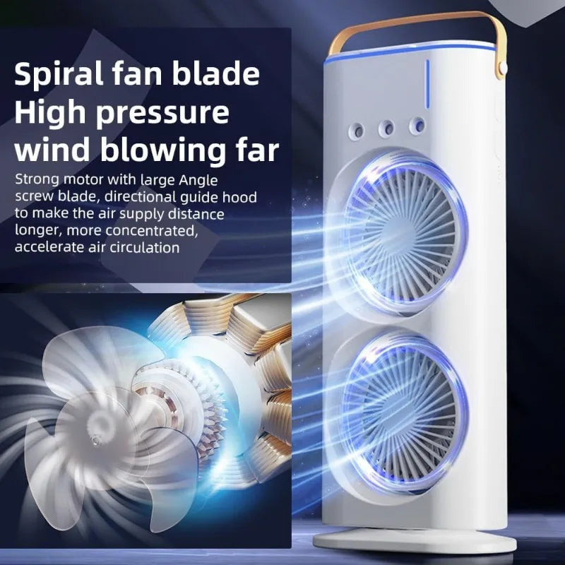 Ultimate 3-in-1 Portable Cooling: Dual-Head Spray Fan, Humidifier & Remote Control