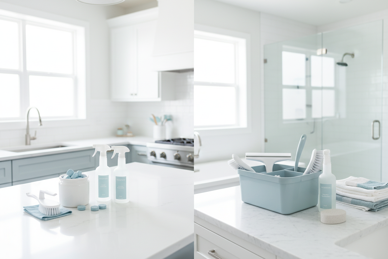 A bright and modern home cleaning scene showing a clean kitchen and bathroom environment with essential cleaning products including drain cleaner tablets, spray bottles, and cleaning tools. White and light blue color theme, fresh and hygienic look, minimal design, soft natural lighting, professional Shopify collection image, high quality, realistic.