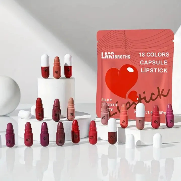 Premium 18 Color Capsule Lipstick Set – Smooth Matte Finish, Waterproof & All-Day Wear