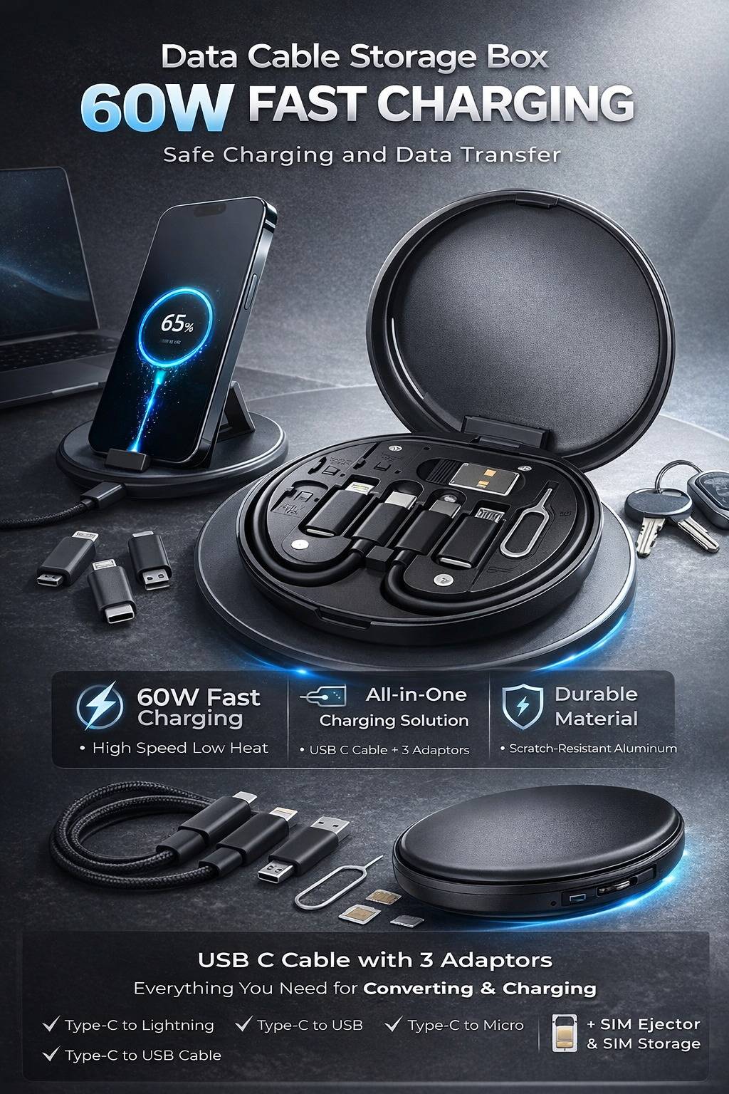 TechMate 5-in-1 Fast Charging Cable Kit  | SIM Tool, Multi Charger & Travel Organizer Box (60W Power)